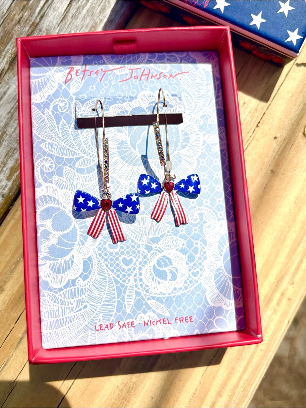 Betsey Johnson Blue Star & Red Stripe Bow Dangle Earrings
